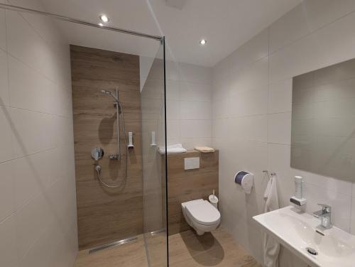 a bathroom with a shower and a toilet and a sink at Pension Seestüberl Doppelzimmer mit Balkon in Haigermoos
