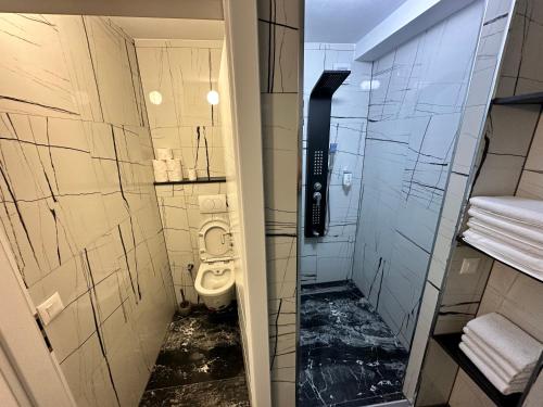 a bathroom with a toilet and a walk in shower at Treva Hotel & Apartaments in Prizren