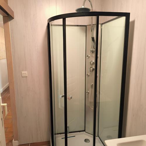 a shower with a glass door in a bathroom at Les pieds dans l'eau in Marciac