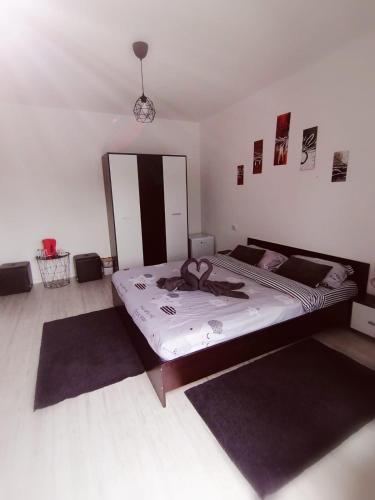 a bedroom with a large bed with two rugs at Vila ANA in Cluj-Napoca