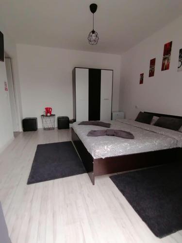 a bedroom with a bed and two rugs on the floor at Vila ANA in Cluj-Napoca
