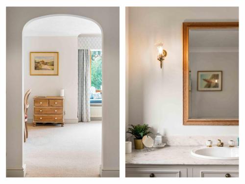 two pictures of a bathroom with a sink and a mirror at Churchill Country Retreat By My Getaways in Lewes