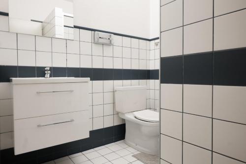 a bathroom with a toilet and a sink at Votivpark Rooms I Self Check In in Vienna