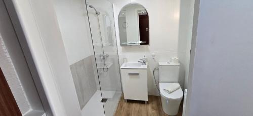 セビリアにあるÚrsula Triana Sevillaのトイレと洗面台を備えた白いバスルーム