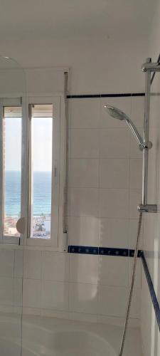 a bathroom with a shower and a window at Casa Del Sol La Herradura in La Herradura