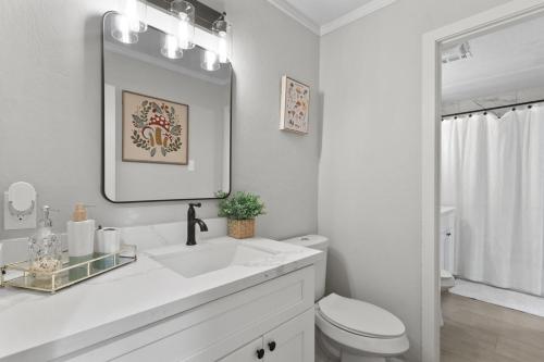 un bagno bianco con lavandino e specchio di Charming 3-bedroom house in terrific Houston with AC, WiFi a Houston