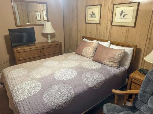 a bedroom with a bed and a chair and a television at SC113A1BR 1BA Sleeps six WIFI Hot Tub Free Parking in Snowshoe
