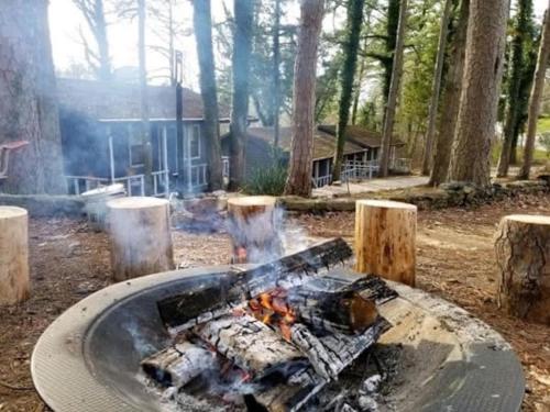 a fire pit in the middle of a forest at Adventure Cabin 3 King Bed Hot Tub in Eureka Springs
