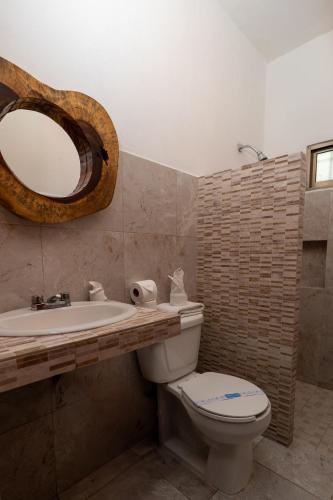 a bathroom with a toilet and a sink and a mirror at Suucilha in Valladolid