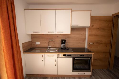 a small kitchen with white cabinets and a sink at Lexahaus in Liesing