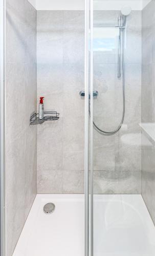 a shower with a glass door in a bathroom at Apartmán s krásným výhledem na jezera a Pálavu in Pasohlávky