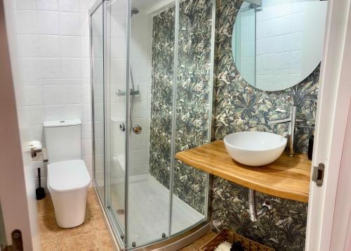 une salle de bain avec une douche, des toilettes et un lavabo dans l'établissement Apartamento Molino de Algarrobo, à Arcos de la Frontera