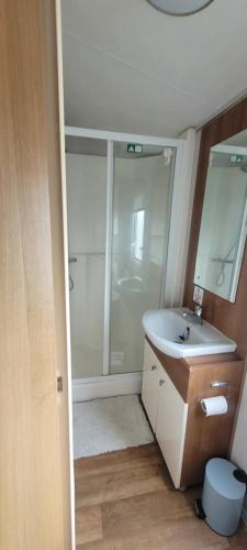 a bathroom with a shower and a sink and a mirror at Willerby Delux - Holiday Home by the Sea - close to the Entertainment Complex-bedding, towels & wifi Included! in Jaywick Sands