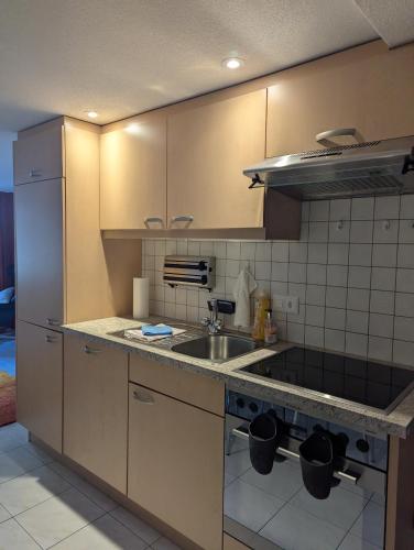 a kitchen with a sink and a stove top oven at Alpina Peaks in Saas-Fee