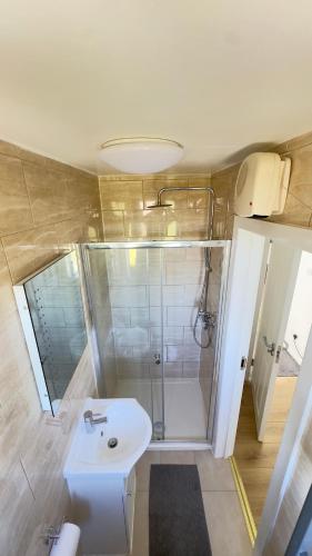 a bathroom with a shower and a sink at Grenville in London