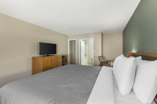 a bedroom with a bed with white pillows and a tv at Southern Lodge - Orangeburg 601 in Orangeburg