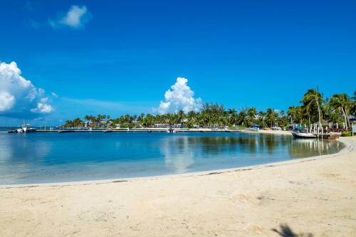 a view of a beach with palm trees in the background at 7 Up Condo at Kaibo Kai in Driftwood Village