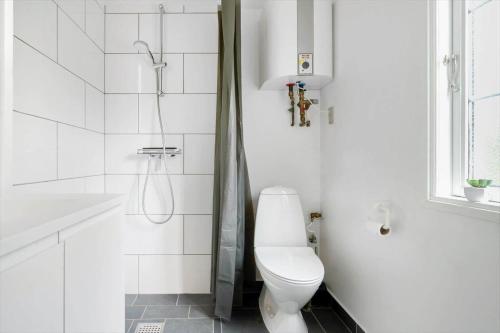 a white bathroom with a toilet and a shower at 0496-Romo-Norre-Frankel-9 in Havneby