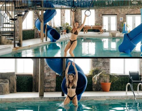a woman in a bikini is on a blue raft in a pool at TeePee at Paradise Point with a hot tub fire pit & grill in Bryant