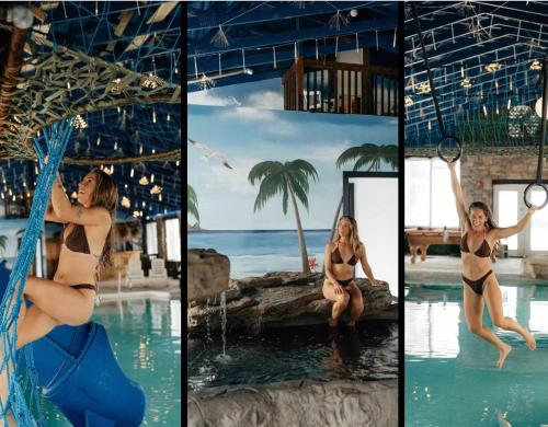 a woman in a bikini jumping into a swimming pool at TeePee at Paradise Point with a hot tub fire pit & grill in Bryant