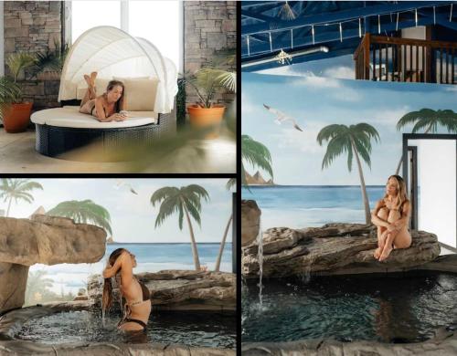 a woman is sitting on a bed in a pool at This is IT Cabin with a hot tub fire pit & indoor pool in Bryant