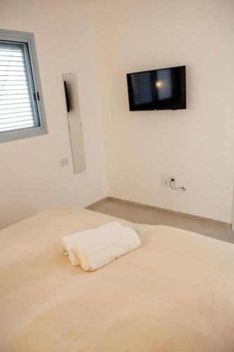 a bedroom with a bed with a tv on the wall at תמול שלשום - צימר בירוחם ברחוב עגנון in Yeroẖam