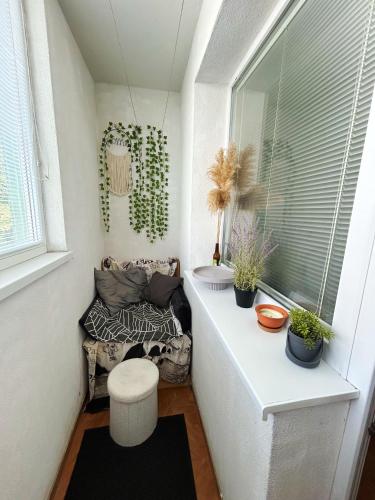 ein kleines Zimmer mit einem Stuhl und einem Fenster in der Unterkunft Cozy Apartment next to the train station and near the city center in Bratislava