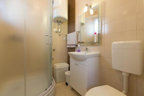 y baño con aseo, lavabo y ducha. en Apartment Honey Free Parking en Sarajevo
