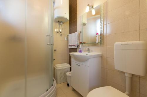 Un baño con inodoro, lavabo y ducha. en Apartment Honey Free Parking, en Sarajevo