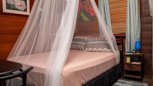 Grande RivièreにあるLayZ Days Hibiscus Cabinの蚊帳付きのベッド1台
