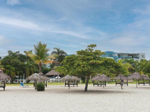 a beach with chairs and straw umbrellas and palm trees at Beach Apartment At Nikki Residences 2 Bedroom in El Chirú