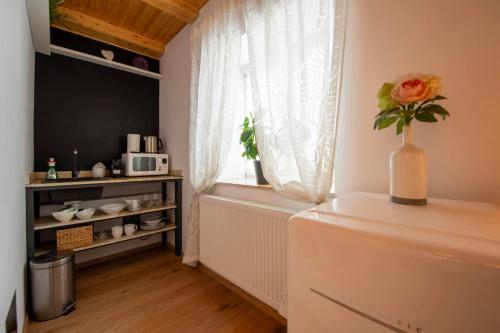 a room with a window with a vase with a flower at Apartmány Ztracená in Roudnice nad Labem