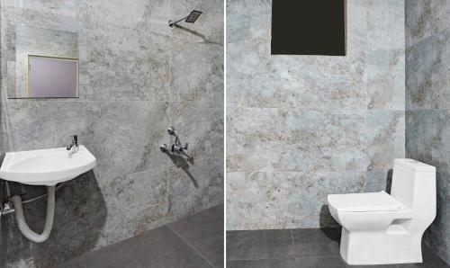 zwei Bilder eines Badezimmers mit Toilette und Waschbecken in der Unterkunft Hotel CJ Pride in Vijayawāda