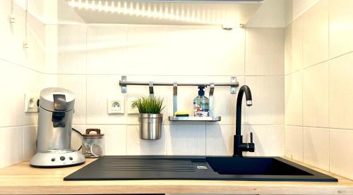 a kitchen counter with a sink and a mixer at Douce parenthèse moderne avec terrasse ensoleillée in Beaudreix