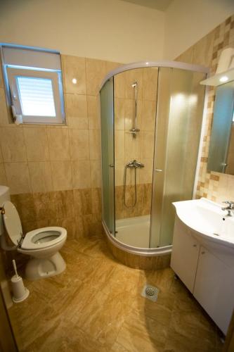 a bathroom with a shower and a toilet and a sink at Apartmani i sobe Grga in Starigrad