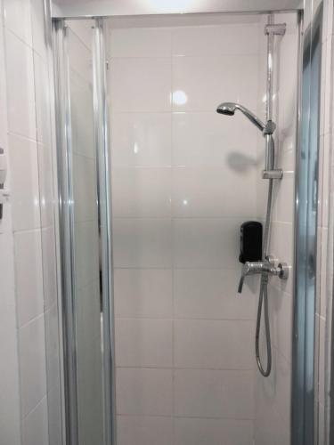 a bathroom with a shower with a glass door at Cosy logement Hyper Centre-ville in Quimper