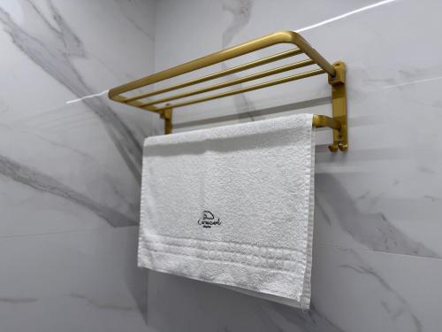 a towel hanging on a towel rack in a bathroom at Apartamentos Exclusivos no Edifício City House in Barreiras