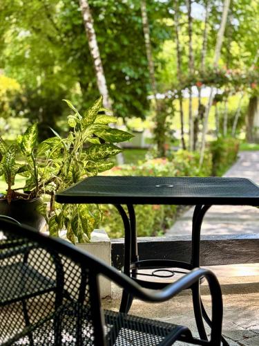 a black table and chairs with plants on a table at Hotel Nututun Palenque in Palenque