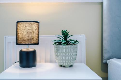 a table with a lamp and a potted plant on it at 3BR House By Eason Stays Short Term Rental Wythenshawe Near Manchester Airport with Free Parking in Wythenshawe