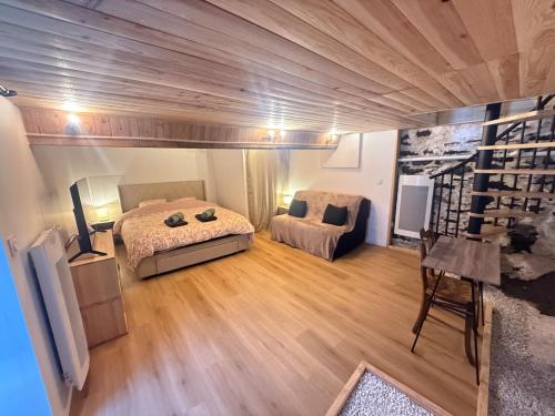 a bedroom with a bed and a couch in a room at L' Altitude Billard Proche Stations Cols in Saint-Michel-de-Maurienne