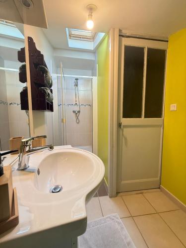 a bathroom with a sink and a shower at L' Altitude Billard Proche Stations Cols in Saint-Michel-de-Maurienne