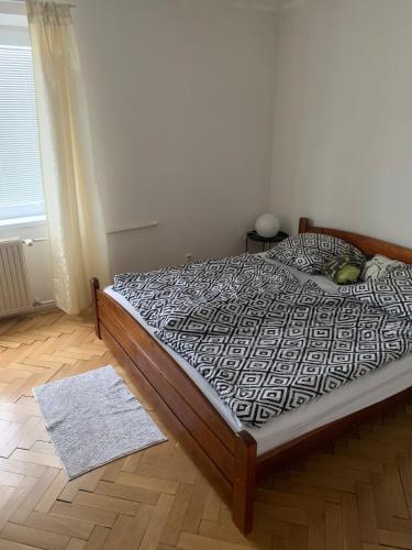 Un dormitorio con una cama en una habitación con ventana. en Your home 22, en Košice