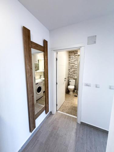 a bathroom with a mirror and a toilet in a room at Limpio Apartman 2 in Belgrade