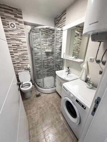 a bathroom with a washing machine and a toilet at Limpio Apartman 2 in Belgrade