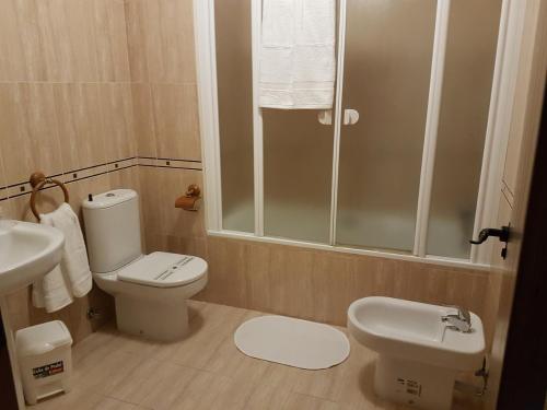 a bathroom with a toilet and a sink and a shower at Casa Rural Claudia in Albarracín