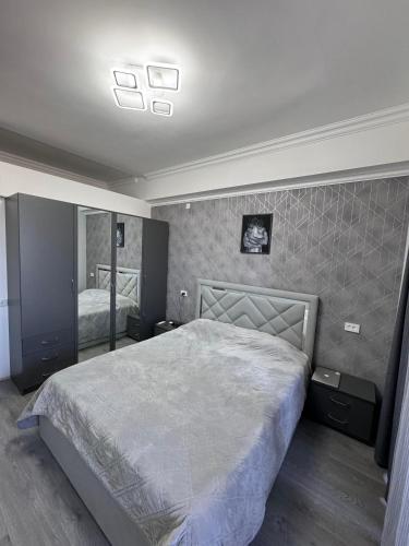 a bedroom with a large bed and a mirror at Modern Yerevan Apartment-Brand New in Yerevan