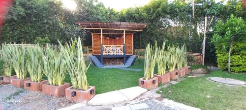 a backyard with a gazebo and some plants at Hotel y Cabañas Parinzzi in Guatapé