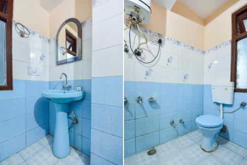 two pictures of a bathroom with a toilet and a sink at Hotel O Krishna Monal Delightful Stay in Shimla