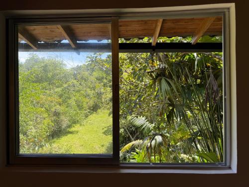 a window with a view of a lush green field at Hotel Selva Cristal in San Carlos
