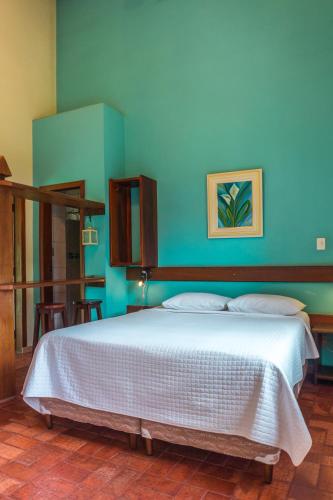a bedroom with a large bed with a blue wall at Pousada Chão da Serra in Serra do Cipo